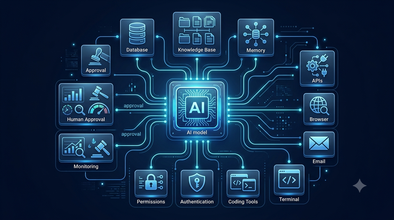 AI agent architecture with model memory tools knowledge permissions and human approval