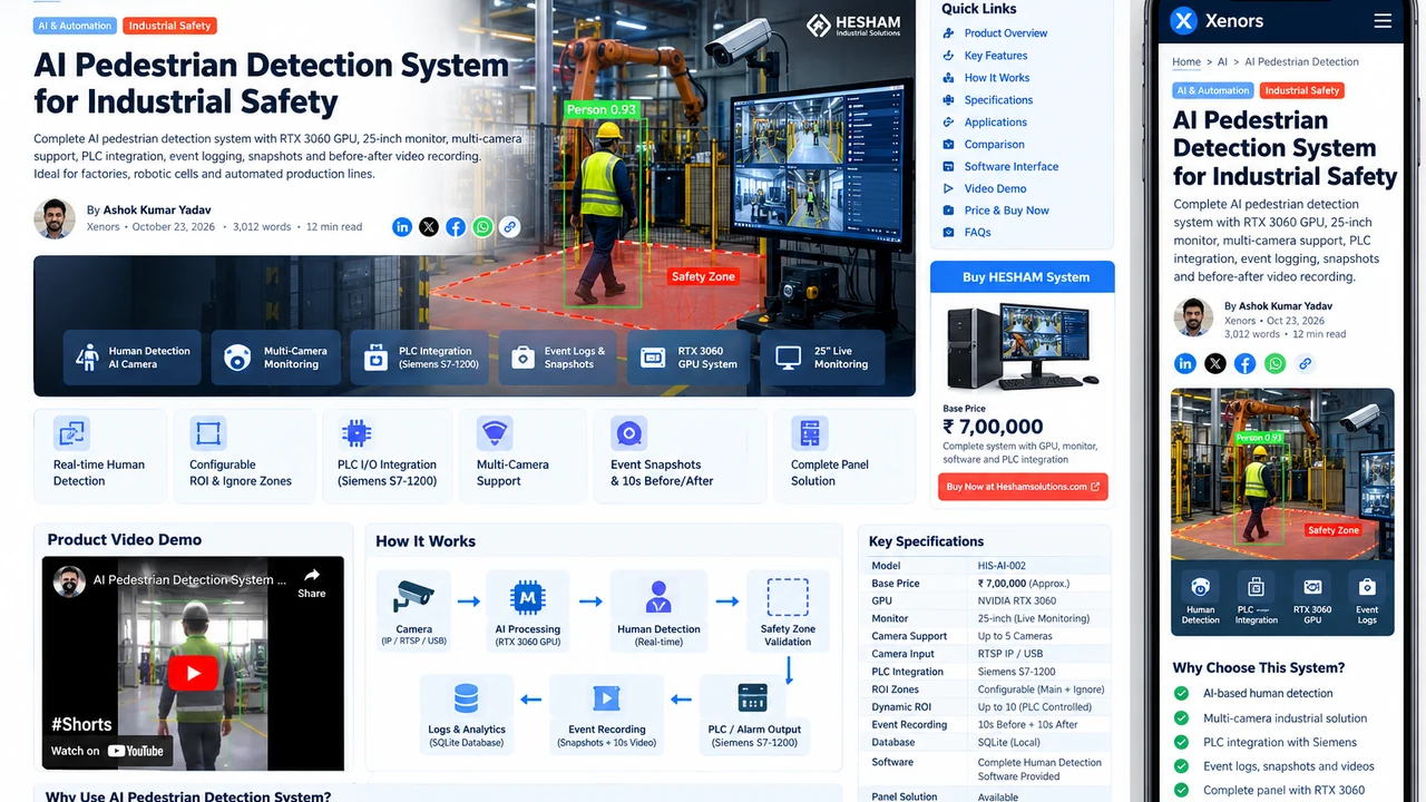 Overview of the HESHAM pedestrian detection AI system showing the AI monitor, panel and PLC integration