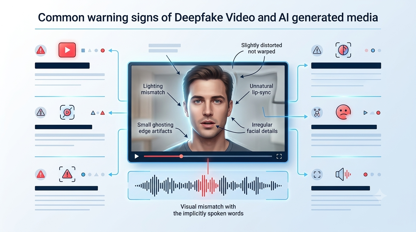 Visual guide showing common deepfake warning signs and verification checks