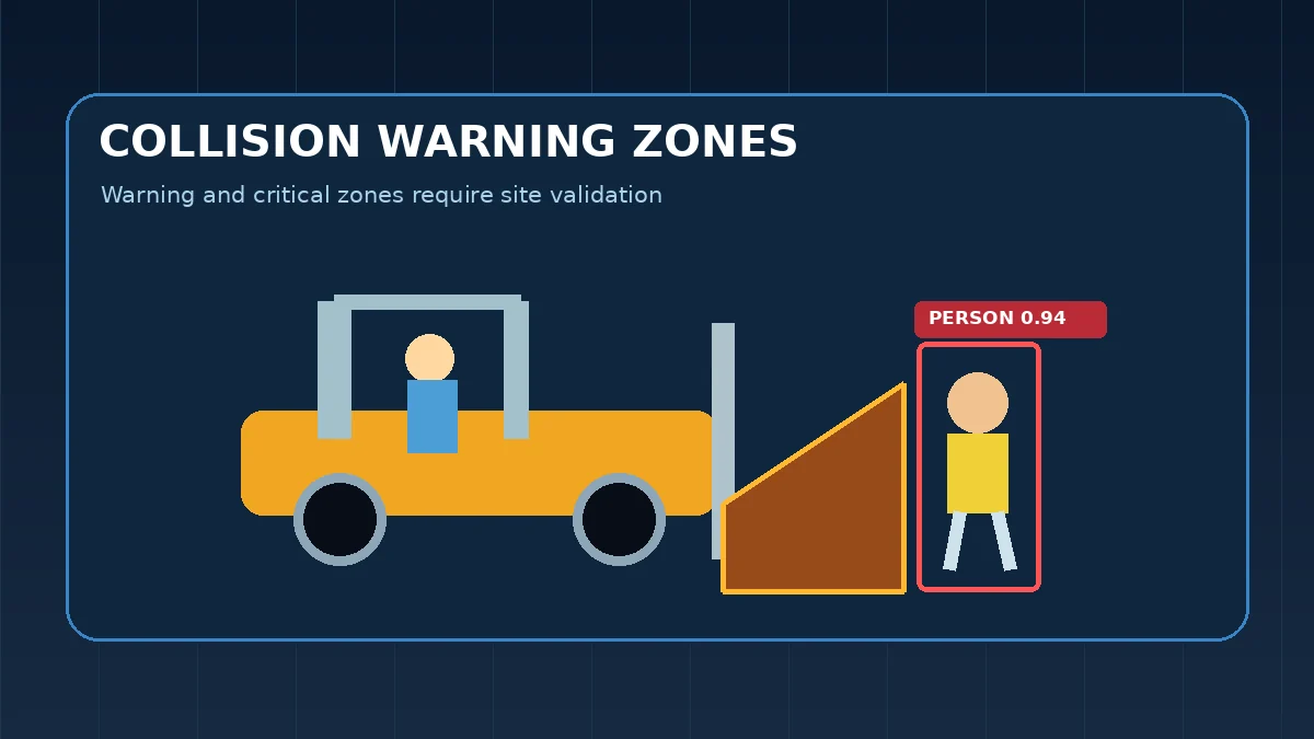 Illustration of warning and critical detection zones around a forklift