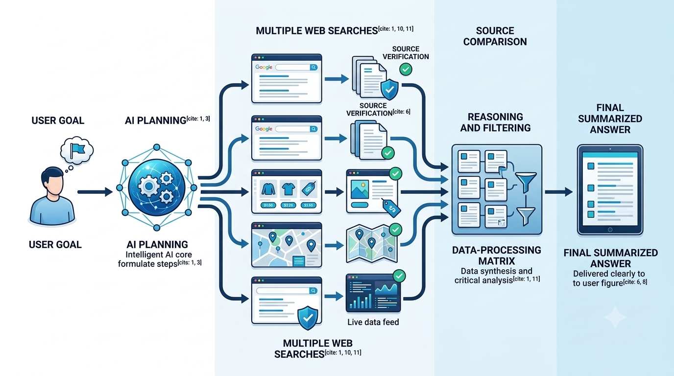 Diagram showing an AI search agent moving from user goal to web research comparison reasoning and answer