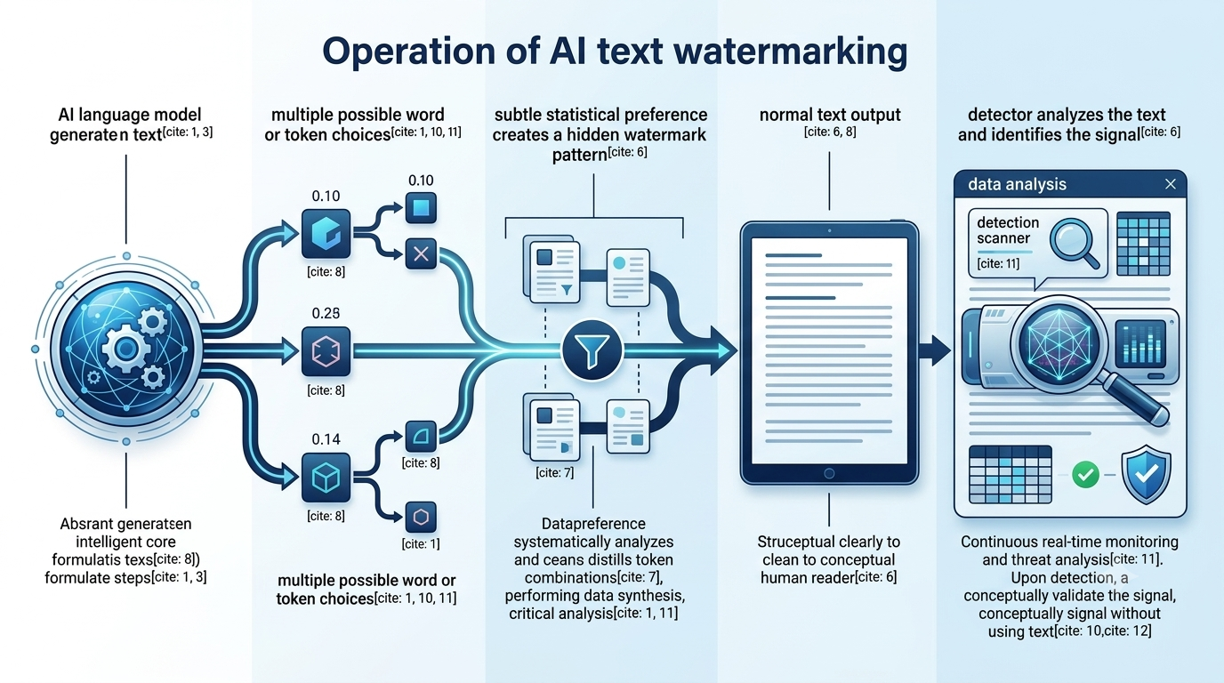 Diagram showing an AI language model choosing words in a statistical pattern that creates an invisible watermark