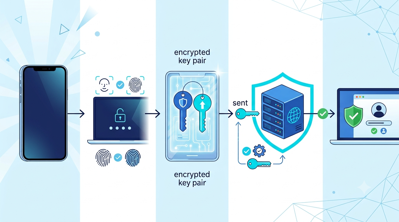 Diagram showing how passkeys use a private key on the device and a public key on the website