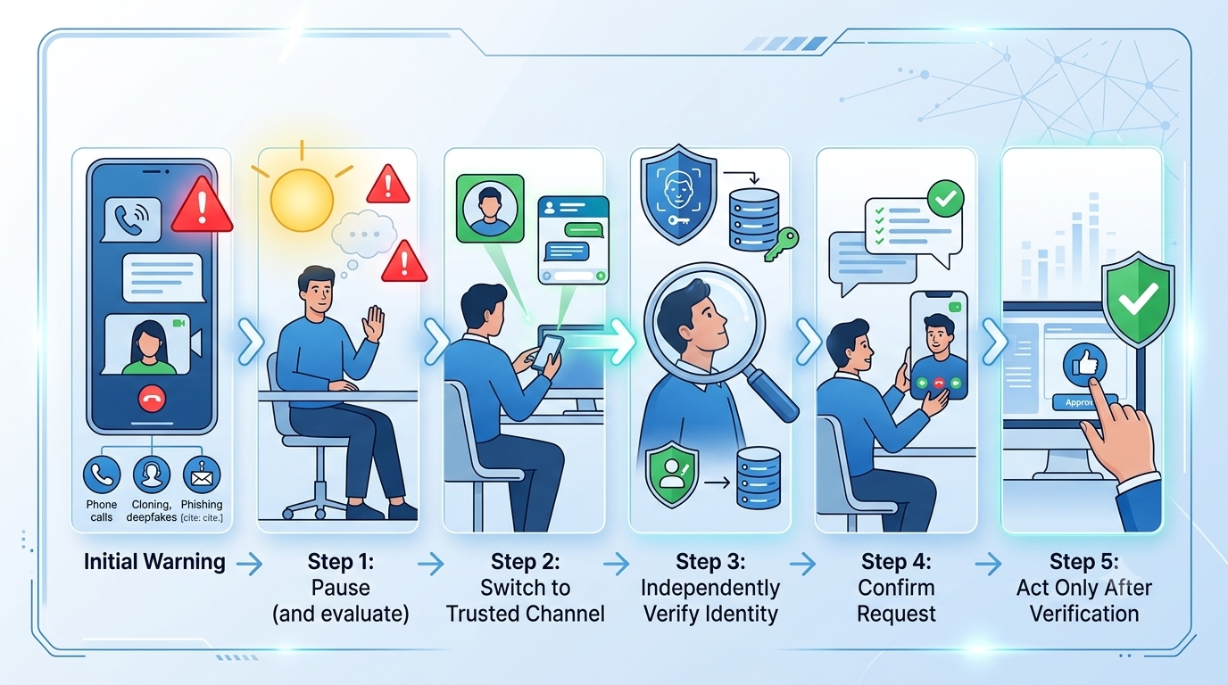 Step by step verification flow for suspicious AI scam calls and messages
