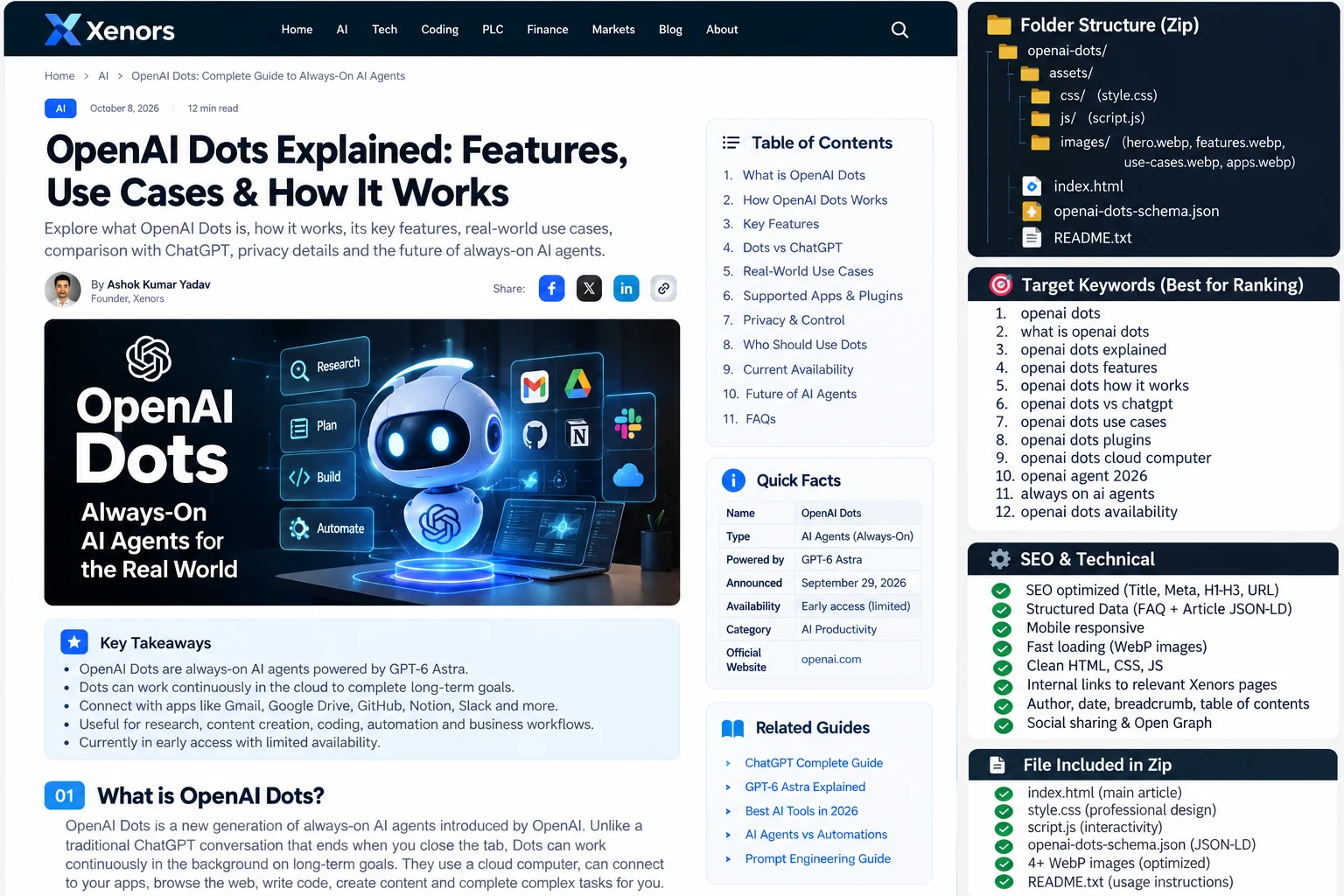 Preview of a complete OpenAI Dots guide with workflow sections, quick facts and SEO-focused structure