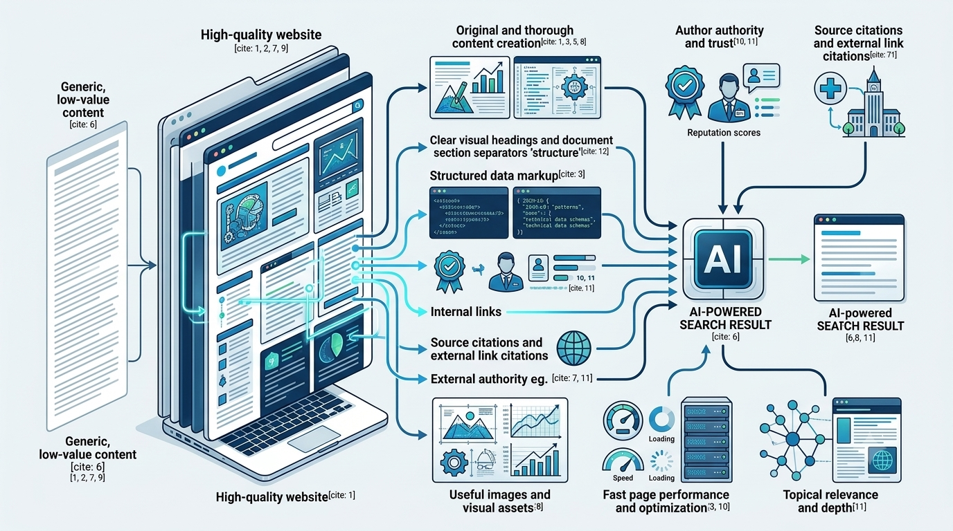 SEO strategy for AI search showing original content structured information authority and citations